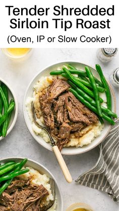 two plates filled with beef and green beans on top of mashed potatoes