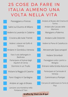 a poster with the words 25 cose da fare in italia almeno una volta