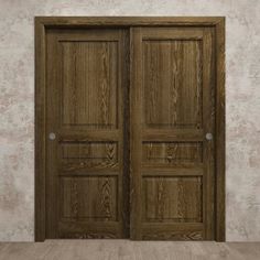 an empty room with two wooden doors on the wall and wood flooring in front of it