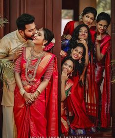 a man and woman kissing in front of some other women wearing red sari's