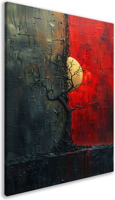 an abstract painting with red, black and yellow colors on the wall next to a tree