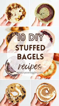 the top 10 diy stuffed bagels recipe is shown in this collage with different pictures