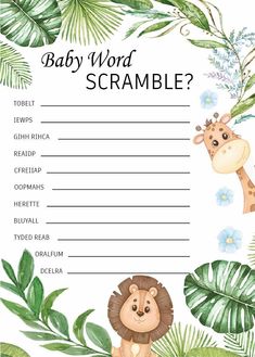 a baby word scramble with jungle animals and leaves on it, in the background is a gi