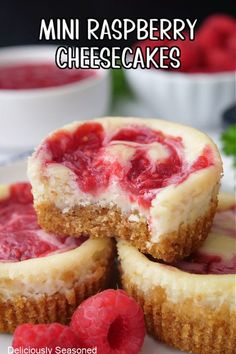 mini raspberry cheesecakes are stacked on top of each other