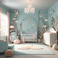 a baby's room decorated in pastel colors with fish and sea creatures on the walls