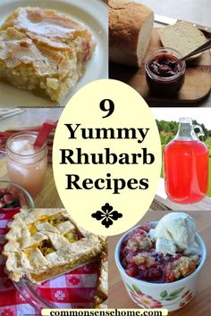 there are many different foods and drinks on the table with text overlay that reads, 9 yummy rhubarb recipes