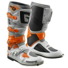 Gender: Mens/Unisex Color: Orange/Gray/White Size: 8 Market Color: Orange/Gray/White Primary Color: Gray Dual Stage Pivot System. This revolutionary new system is patented and exclusive to Gaerne and is certainly going to be a hit. The first pivot is attached to the Razorback. This provides a rigid component that offers strong lateral support while a glide-plate keeps the upper in a firm and upright position. The second pivot is fixed on a sliding glide that allows the riders foot to feel natura Big Legs, Moto Cross, Steve Mcqueen, Orange Grey, Motocross, High Tech, Air Jordan Sneaker, Gray White, Riding Boots