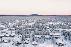 an aerial view of a town surrounded by snow covered trees and evergreens in the distance