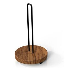 a wooden stand with two black handles on it's sides and an iron bar in the middle