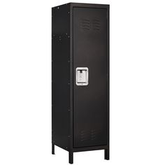 a black metal locker with the door open