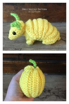 crocheted yellow caterpillar with black eyes is shown in two different views