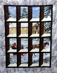 a quilt with pictures of horses and sleighs in the snow on it