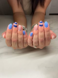 Striped Gel Nails, Nail Ideas Stripes, Simple Stripe Nails, Blue And White Stripe Nails, Short Striped Nails, Naive Blue Nails, Simple Design Summer Nails, Pink Stripe Nails, Fun Easy Nail Designs