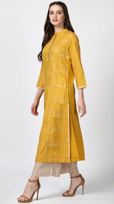 Yellow Solid Colored Semi Fitted Kurta Simple Cotton Kurti, Color Kurti, Kurta Style, Ritu Kumar, Gaun Fashion, Salwar Designs, Long Kurti Designs, Salwar Kamiz, Kurta Neck Design