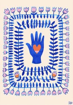 a blue hand with an orange heart in the center surrounded by pink flowers and leaves