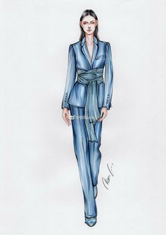 a drawing of a woman in a blue suit