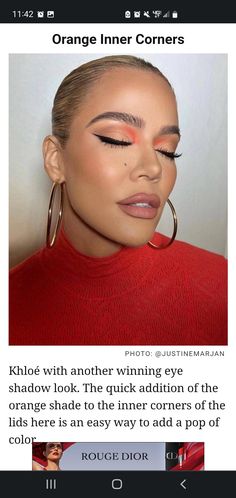 Pop Of Orange Makeup, Orange Dress Makeup Look, Makeup For An Orange Dress, Eye Makeup For Orange Dress, Makeup For Coral Dress, Orange Outfit Makeup, Orange Eye Makeup Soft, Color Pop Eyeshadow Looks, Red And Orange Makeup