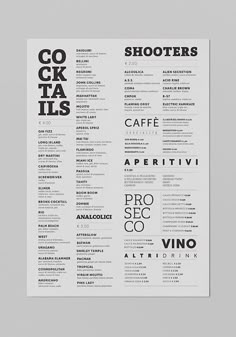 a black and white poster with the words cocktails written in different font styles on it