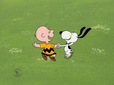 a cartoon character is playing with a dog in the grass and holding it's paw