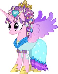 a pinkie pony with wings and hearts on it's head, standing in front of