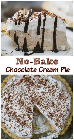 no - bake chocolate cream pie is shown in three different pictures with the same crust