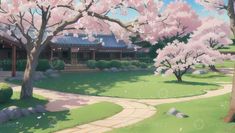 an anime scene with trees and flowers in the foreground