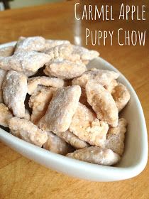 Puppy Chow Different Flavors, Carmel Apple Dessert Ideas, Carmel Apple Treats, Graham Kerr Recipes, Flavored Puppy Chow, Puppy Chow Flavors, Pistachio Puppy Chow, Fall Puppy Chow, Hand Snacks