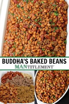 buddha's baked beans recipe in a white casserole dish with text overlay