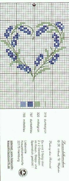 a cross stitch pattern with blue and green flowers on the bottom, and an image of a