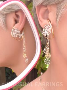 Gold & Silver unpierced earrings non-pierced by UnusualEarrings Elegant Dangle Clip-on Ear Cuff, Unique Single Clip-on Earring In Metal, Spiral Ear Cuff, Elegant Clip-on Dangle Ear Cuff, Gold Dangle Ear Cuff Single Earring, Dangle Clip-on Ear Cuff For Gift, Unique Gold Dangle Clip-on Earrings, Elegant Spiral Ear Cuff, Elegant Spiral Single Ear Cuff