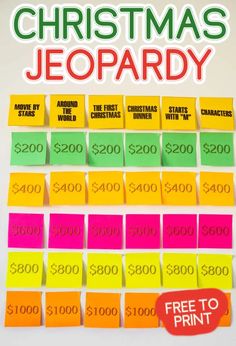 christmas jeopardy with the words free to print on it and colorful sticky notes