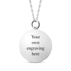 Cherish your favorite remembrance with this personalized medium round photo necklace. Crafted in 10K white gold A photo of your choice appears on the front of the charm and your message is engraved on the back The round charm measures 25.8mm The 18-inch rope chain secures with a spring ring clasp Please follow these steps: 1) Place your order; 2) Text your photo from your smartphone to (330) 435-8997; and 3) When prompted, please respond with your Order Confirmation #. Standard text messaging rates may apply. Customizable White Gold Necklace For Personalized Gift, Customizable White Gold Round Pendant Jewelry, Commemoration Charms Necklace With Round Pendant, Customizable Silver Necklace With Round Pendant, Silver Custom Necklace With Round Pendant, Personalized Engraved White Custom Necklace, Personalized Silver Necklace With Round Pendant, Personalized White Gold Round Pendant Necklace, Customizable Silver Round Necklace