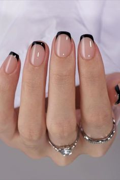 #nails #short nail designs #short square nails #square nails Black Colour Nail Art, Black Tip Manicure Ideas, Black Tie Nails Classy Simple, Black Manicure Short Design, Short Squoval Gel Nails, Simple Nails Short Black, Black Manicure Designs, Short Nails With Tips, Nails To Show Off Engagement Ring