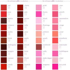 the color chart for different shades of red and pink, with text that says it all in