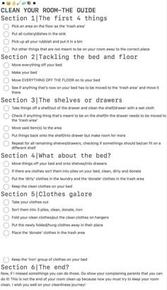 #cleaning #room #aesthetic Declutter Room Checklist, Tips For Tidying Your Room, Clean Your Room Guide, Deep Clean Your Room Checklist, Steps To Tidy Your Room, How To Deep Deep Clean Your Room, Where To Start When Cleaning Your Room, Room Cleaning Checklist Aesthetic, Tidy Up Bedroom