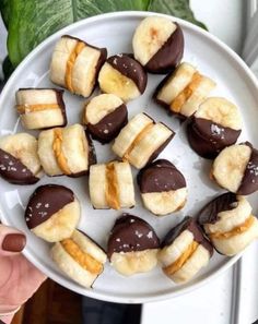 chocolate covered banana bites on a white plate