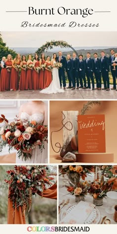 an orange and white wedding color scheme with the words burnt orange bridesmaid dresses