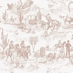 an old western scene with horses, cowboys and cacti in sepia on white paper