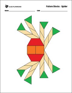 the pattern blocks spider is shown in red, green and orange colors on white paper