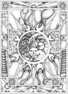 a black and white drawing of a sun face