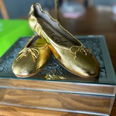 Nwt Leather Ballet Flats. No Box Affordable Gold Flats For Party, Gold Shoes Wedding Flats, Metallic Loafers, Painted Canvas Shoes, Black Gold Chain, Loafer Shoes Women, Brown Leather Loafers, Slip On Pumps, Gold Flats