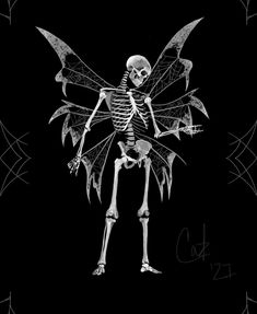 a skeleton with wings on it's back standing in front of a black background