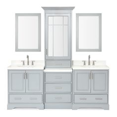 a bathroom vanity with two sinks and mirrors on the top, in front of a white background