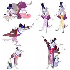 four different poses of an animated dog dressed in clothes and top hats, holding a cane