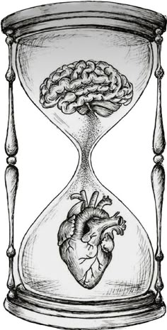 an hourglass with a human heart inside and brain in the middle, vintage line drawing or engraving illustration