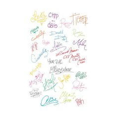 a group of different colored writing on a white background with the words written in it