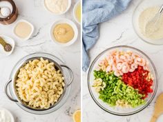 two pictures side by side showing different types of pasta and ingredients in bowls on the counter