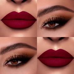 Prom Makeup To Match Red Dress, Red Christmas Makeup Look, Bold Makeup Looks For Brown Eyes, Make Up Looks For Red Dress, Eyeshadow For Red Dress, Burgundy Dress Makeup, Dark Red Lip Makeup Look, Red Wedding Makeup, Gala Make Up