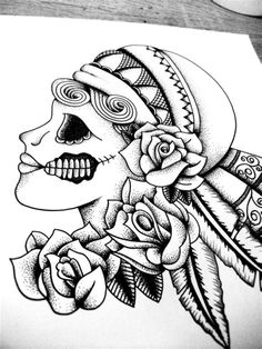 a black and white drawing of a woman's skull with roses on her head