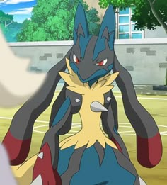 an animated pokemon character with red eyes and black ears, standing in front of a basketball court